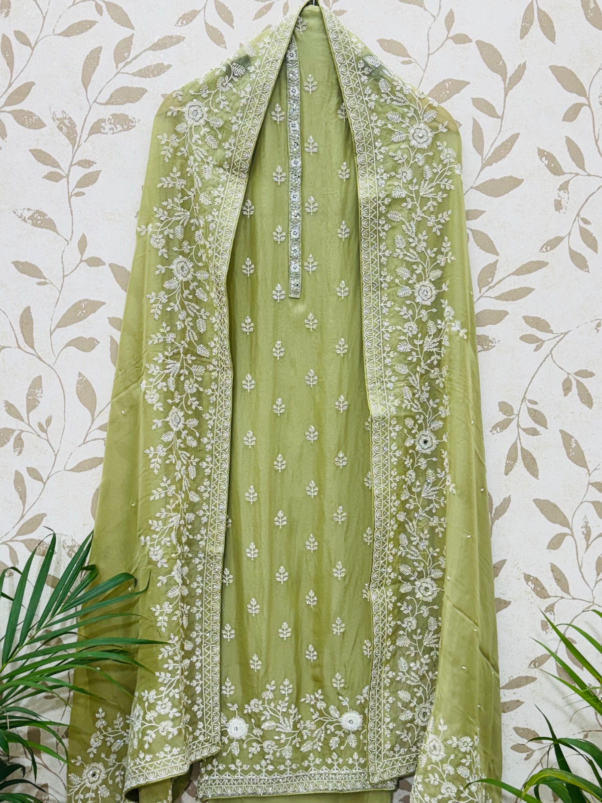 Olive Green Embroidered Organza Silk Suit 